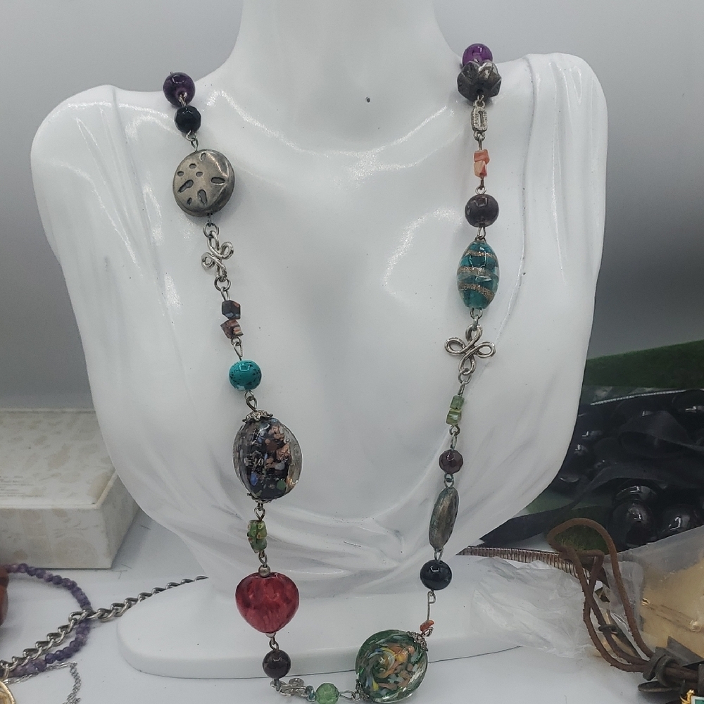 Bohemian Mixed Bead GLASS Statement Necklace in Multi-Color 34 Inch N3915